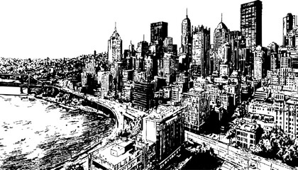 Fototapeta premium Detailed hand drawn urban cityscape landscape with river bridge and skyscrapers sketch vector illustration background.