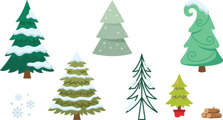 Fototapeta premium Winter Snow Covered Christmas Tree Collection with Evergreen Pine, Frosty Fir, Holiday Spruce, Decorative Conifer, and Seasonal Nature Vector Set