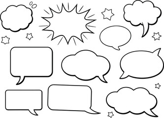 Fototapeta premium Variety of Comic Book Speech Bubbles and Stars in Black Outline cartoon talk