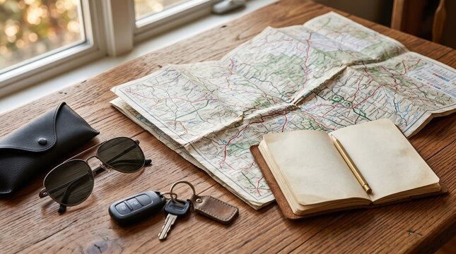 Travel Map with Sunglasses Keys and Notebook on Wooden Table