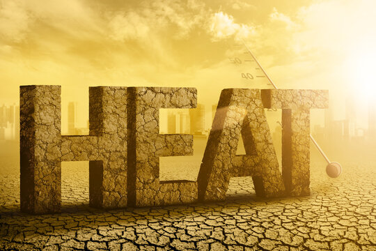 3D inscription "HEAT" in the desert. Heat wave and global warming concept