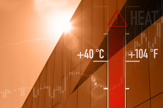 Graphic of a thermometer with high temperature reading against a blurred city building during a summer heatwave