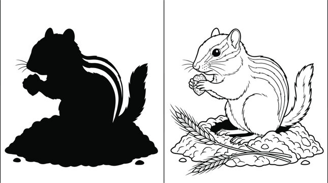 Chipmunk Vector Illustration, with Nut and Wheat in a Monochrome Style, for Educational or Design Purposes.