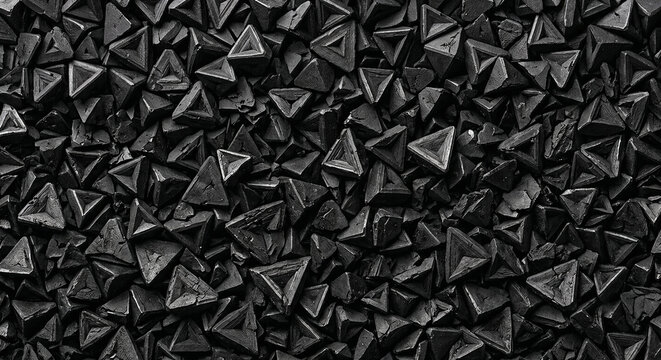 Extreme macro texture of dark geometric triangular shapes resembling rough charcoal