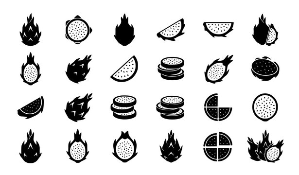 Dragon Fruit Silhouette Icons Set Tropical Pitaya Vector Collection Isolated on White Background