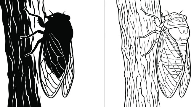 Cicada Insects with Black Silhouette and Outline Drawing on Tree Bark, Isolated on White Background