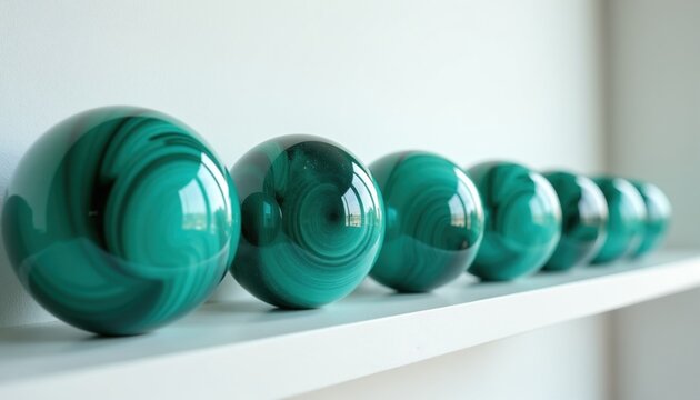 Seven identical green malachite spheres lined up on white shelf. Unique pattern on each polished orb creates visual interest. Minimalist display provides elegant backdrop for decor.