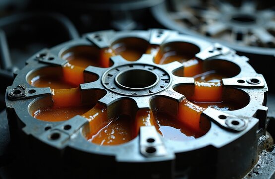 Close up of car automatic transmission torque converter plate with orange fluid. Auto mechanic part for vehicle maintenance and repair in workshop. Complex machine detail.