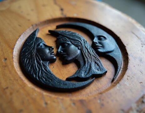 Carved wooden relief shows triple goddess moon phases. Maiden mother crone faces represent feminine divine cycle. Symbolizes spirituality and ancient pagan beliefs on a natural wood background.