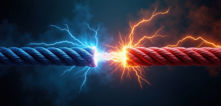 Two thick ropes blue and red clash with bright electric sparks. Energy arcs flash between frayed ends. Intense power surges create dramatic contrast in dark atmosphere. High voltage collision.