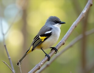 Obraz premium Small grey bird with yellow belly, white throat perched on bare branch. It has black wings with white stripes, long tail. Background is softly blurred green, yellow. This bird looks healthy, alert.