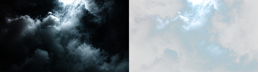 Clouds drift across the sky with patches of light breaking through in a bright blue backdrop © Liubov