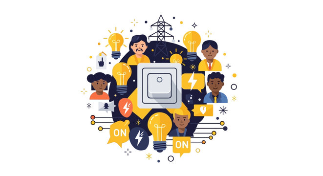Sustainable Energy and Community Power Concept Vector Illustration Featuring a Light Switch, Diverse People, Lightbulbs, and Power Grid Symbols on a White Background
