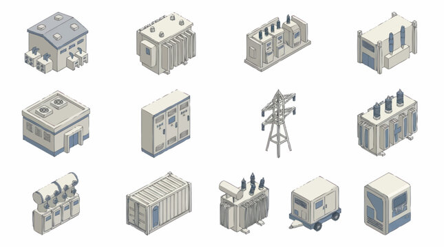 Collection of isometric industrial and electrical equipment icons.