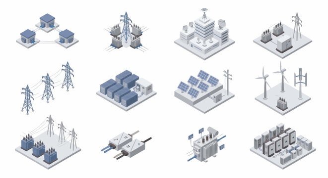 Isometric illustration of smart city and renewable energy infrastructure.