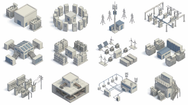 Isometric illustrations of modern architectural buildings and structures.