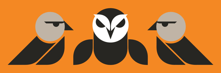 Minimalist owl icon set featuring a central horned owl flanked by two simple profile owl illustrations on an orange background minimalist wildlife