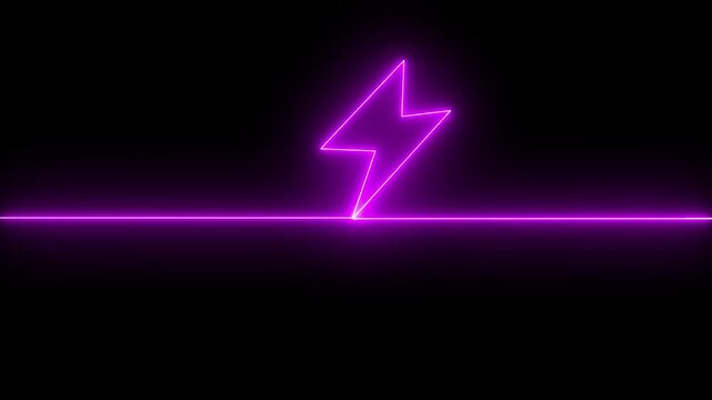 Abstract orange neon glowing battery charging icon animation on black background.Glowing neon lightning bolt icon, Violet orange color battery icon, Battery charging animation.