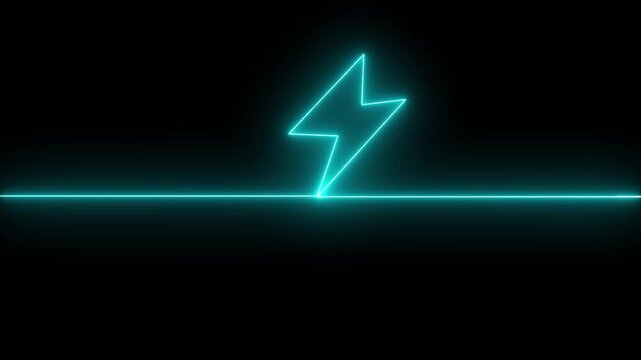 Abstract orange neon glowing battery charging icon animation on black background.Glowing neon lightning bolt icon, Violet orange color battery icon, Battery charging animation.