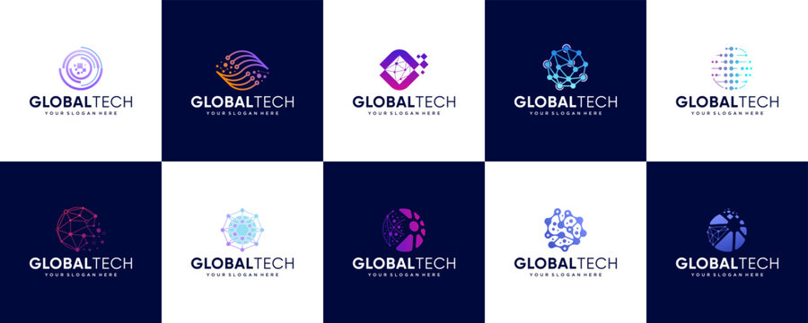 global technology logo collection, circular abstract shapes, digital services, connection networks, vector design illustration.