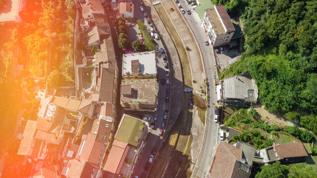 Panoramic vertical drone shot of Vietri sul Mare Mediterranean coastal landscape