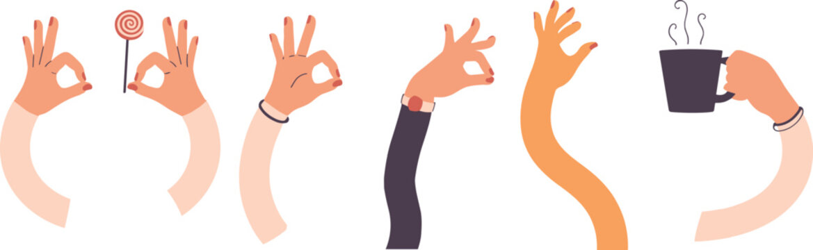 Set of expressive cartoon hands gesturing including ok sign holding a lollipop reaching upwards and holding a hot steaming mug of coffee with gestures