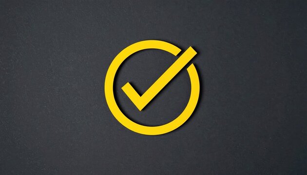 Yellow checkmark approval icon on dark background, verification, compliance and successful completion concept