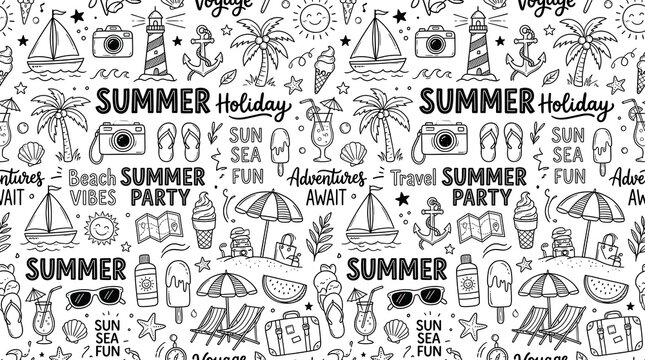 Hand drawn summer travel seamless pattern design for vacation with summer vibe