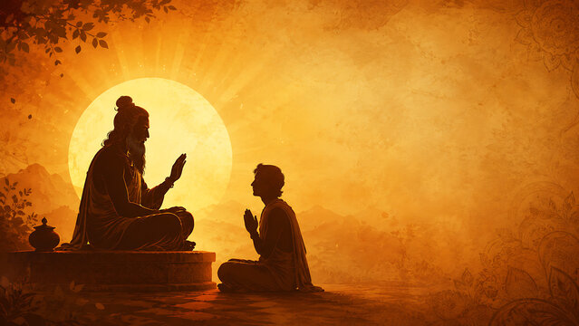 Guru purnima ancient guru blessing devoted disciple in golden sunrise ashram scene with copy space for hindu relegious festival spiritual ceremony poster