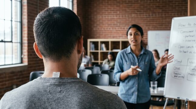 Woman presenting at flipchart to seated group in brick-wall workshop room, training session