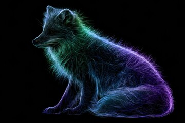 Obraz premium An arctic fox is depicted in side view with neon blue and white fur, surrounded by bright green and violet light on a black background.