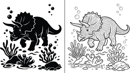 Triceratops Stylized Illustration with Black Silhouette and Outline Versions Swimming in Water with Bubbles and Seaweed © MD