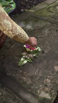 Balinese Woman is performing Traditional Offering Ritual or Worship Ritual at home during Kuningan Ceremony in Bali. Religion, Culture, and Travel Concept. 4K Footage