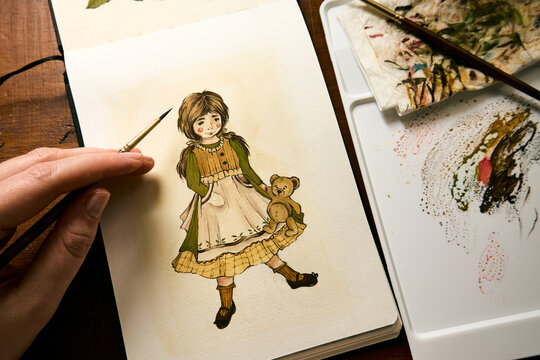 Beautiful painting of a girl with her teddy bear