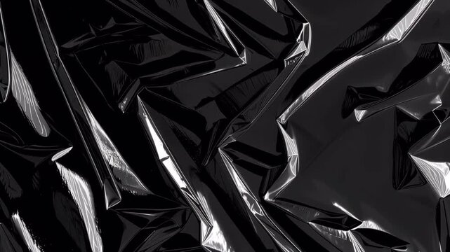 Abstract dark black plastic texture with dramatic folds and light reflections.