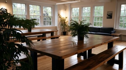 Fototapeta premium A wide shot of a dynamic creative studio featuring polished wooden tables set against a peaceful soft natural backdrop