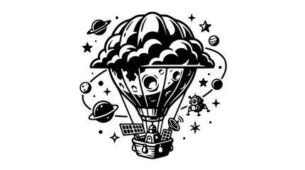Whimsical hot air balloon shaped like a moon exploring outer space with planets and stars. © Akun