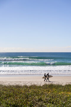 Surfers walking on Gold Coast beach