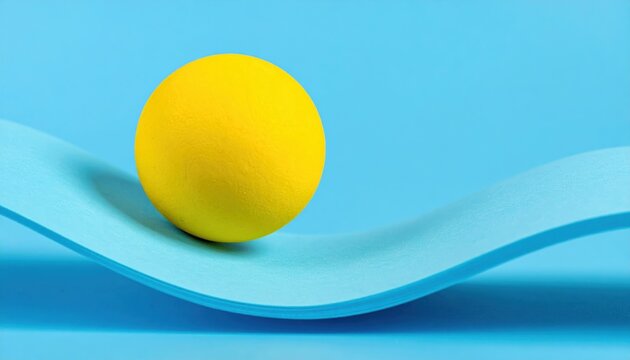 Yellow sphere balancing on curved blue structure, stability, equilibrium and motion concept