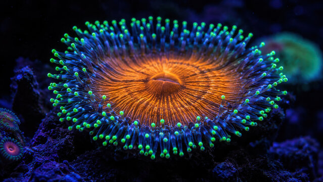 Fluorescent coral disc polyp extended under blue light, with glowing tentacle tip and orange oral disc center against dark water background macro underwater photograph