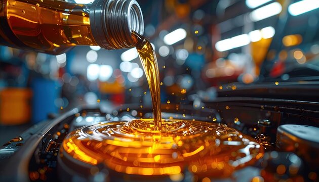 high performance engine oil service, car care and maintenance theme, realistic workshop environment