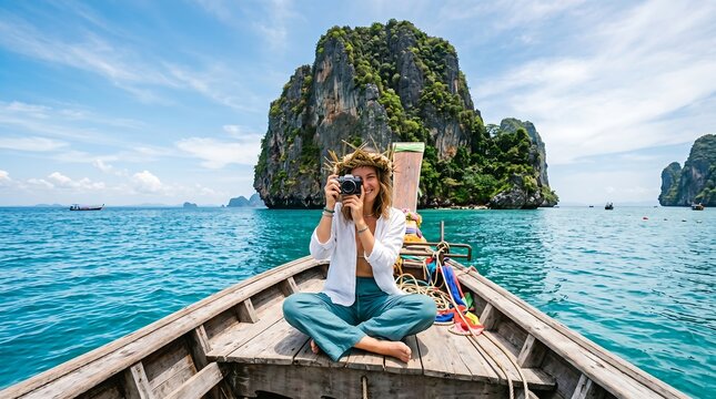 Woman sitting on a traditional wooden boat taking photos of tropical islands
