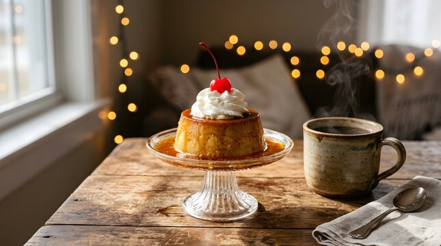 Delicious creme br l e dessert with whipped cream and cherry on a cozy wooden table with a cup of coffee