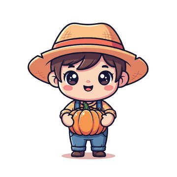 Cartoon boy holding orange pumpkin.