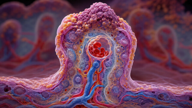 Detailed cross section of terminal villus showing fetal capillary, membrane thinning, and knot formation at apex with false color medical illustration