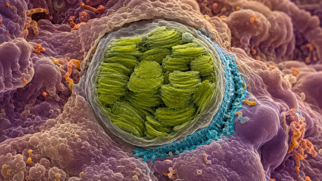 Algal cell embedded in coral tissue, chloroplast stacking visible inside symbiont, host cell membrane contact zone, false color scanning electron microscope wide view