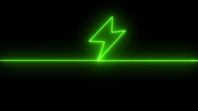 Abstract orange neon glowing battery charging icon animation on black background.Glowing neon lightning bolt icon, Violet orange color battery icon, Battery charging animation.
