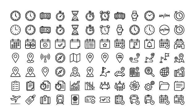 Modern Time and Location Scheduling Thin Line Icon Collection with Calendar and Map Symbols