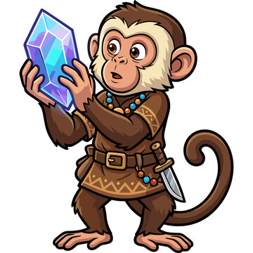 A cartoon monkey holds a large blue crystal in its hands outdoors.