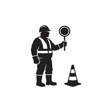 Traffic controller with stop sign and safety cone, road work safety equipment isolated.